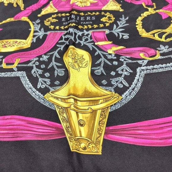 Auth HERMES Carre 90 - Black Gold Pink Silk Scarf - Picture 9 of 12